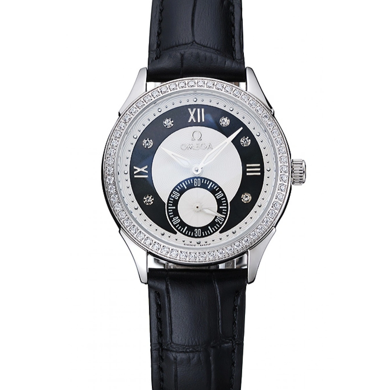 1029 Omega DeVille Prestige Black Dial Silver Diamond Case Black Leather Bracelet 1454120